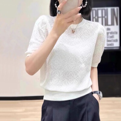 正肩短袖t恤女提花圆领冰丝针织