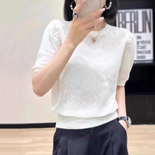 正肩短袖t恤女提花圆领冰丝针织