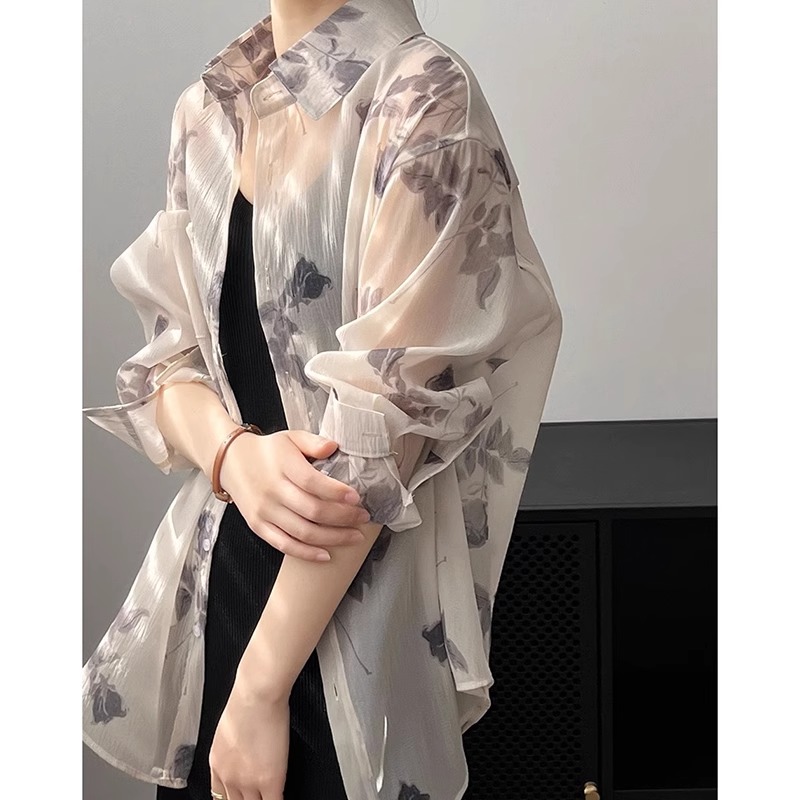 奥莱女装清仓碎花防晒衬衫夏季宽松透气长袖衬衫薄款中长款外套