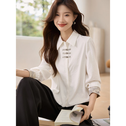 奥特莱斯专柜正品清仓新中式改良白色长袖衬衫女春秋季设计感衬衣