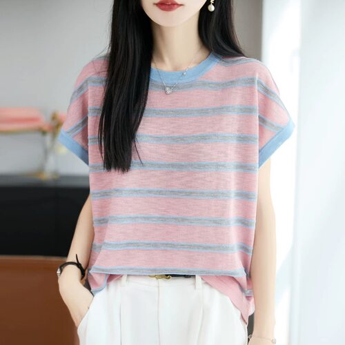 竹节麻撞色条纹短袖针织衫上衣女