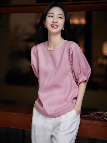 奥莱女装清仓舒适透气呼吸感桃夭粉灯笼袖短袖衬衫夏新款亚麻上衣