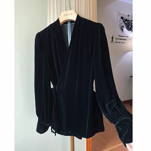 广州十三行出口外贸欧货真丝丝绒系带上衣秋冬显瘦收腰长袖 衬衫