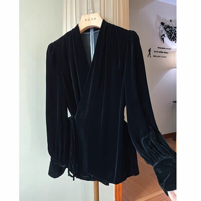 广州十三行出口外贸欧货真丝丝绒系带上衣秋冬显瘦收腰长袖衬衫