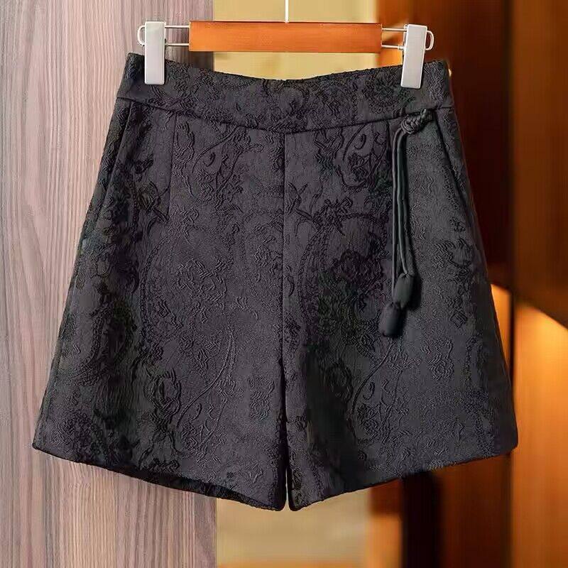 奥特莱斯专柜正品清仓真丝新中式提花阔腿短裤女复古黑色休闲裤子,女装/女士精品,休闲裤,淘宝优惠券,粉丝福利购,淘宝优惠卷