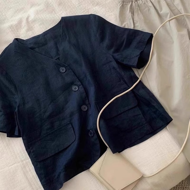 奥特莱斯专柜正品清仓夏季新款亚麻短袖衬衫女设计感小众别致上衣