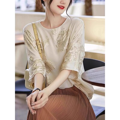 奥特莱斯专柜正品清仓立体浮雕感高端刺绣提花桑蚕丝夏季真丝上衣