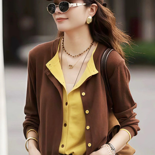 奥特莱斯专柜正品 女春秋宽松毛衣外套 清仓假两件拼接撞色针织开衫