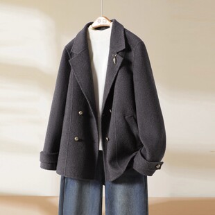 奥特莱斯专柜正品 清仓双排扣毛呢大衣外套女气质洋气呢子百搭外套
