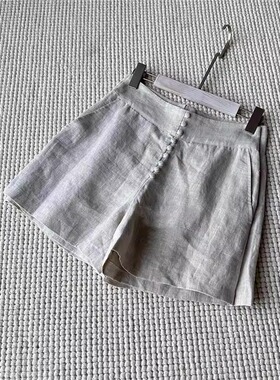 奥特莱斯专柜正品清仓小众设计多扣舒适透气高腰亚麻短裤女夏新款