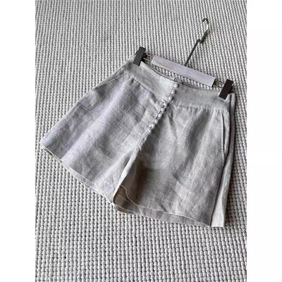 奥特莱斯专柜正品清仓小众设计多扣舒适透气高腰亚麻短裤女夏新款