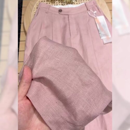 粉色亚麻阔腿裤女夏新款