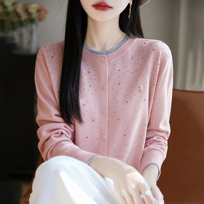 奥特莱斯专柜正品清仓轻奢镶钻开衫女圆领拼色假两件针织外套上衣