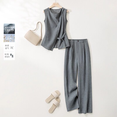 奥特莱斯专柜正品清仓高级感时髦亚麻女夏季轻薄上衣直筒裤两件套