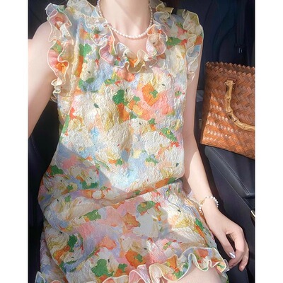 奥特莱斯专柜正品清仓甜美小清新彩色印花木耳边连衣裙女夏季气质