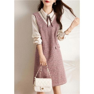 奥特莱斯专柜正品 简约气质假两件百搭连衣裙女 清仓撞色拼接秋冬款