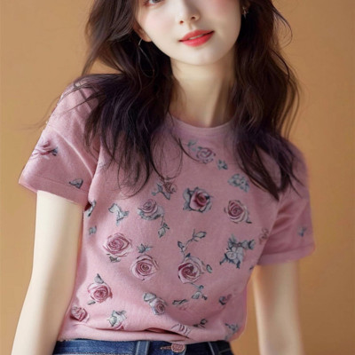 奥特莱斯专柜品牌清仓夏季甜美紫色玫瑰正肩圆领上衣短袖t恤女夏