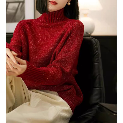 奥莱高端清仓捡漏2025春秋羊毛金豆纱针织宽松软糯高领羊绒毛衣女