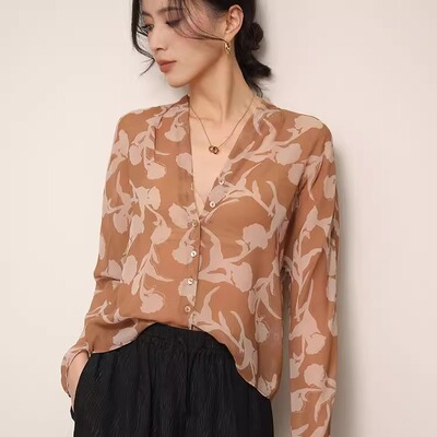 奥特莱斯专柜正品清仓高端印花雪纺衬衫女春夏气质薄款桑蚕丝上衣
