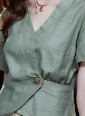 奥特莱斯专柜正品清仓绿色短袖衬衫女夏季法式气质小衫收腰高级感