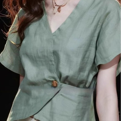奥特莱斯专柜正品清仓绿色短袖衬衫女夏季法式气质小衫收腰高级感