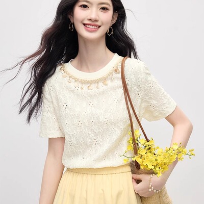 奥特莱斯专柜正品清仓减龄重工镂空刺绣钉珠圆领T恤上衣短袖女夏