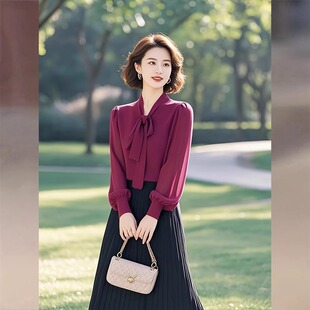 女夏季 复古飘带衬衫 高级感轻奢雪纺上衣 清仓法式 奥特莱斯专柜正品