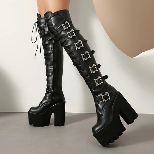 辣妹朋克哥特过膝长靴15CM超高跟鞋恨天高增高防水台骑士厚底长靴
