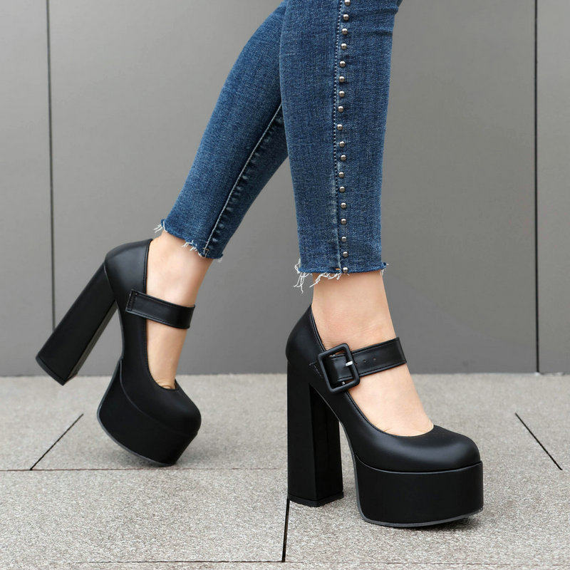 圆头欧美超高跟时尚浅口14cm粗跟单鞋夜店英伦防水台大码高跟鞋女