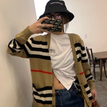 宽松休闲百搭慵懒风上衣 2019初秋新款 外套女羊毛混纺条纹针织开衫