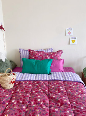 韩国正品代购 tinycosmos紫玫红树莓撞色柔软水洗棉儿童被子枕套