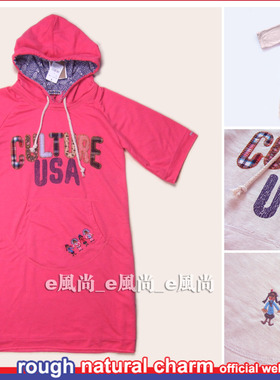 2019夏女装新款日本rough USA可爱卡通刺绣 红色中袖卫衣时尚帽衫