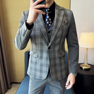 撞色韩版修身西服时尚潮流设计拼色西装三件套2411-P265图片
