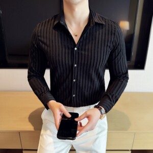 雪尼尔条纹男士衬衣时尚休闲免熨衬衫CS046-P63图片