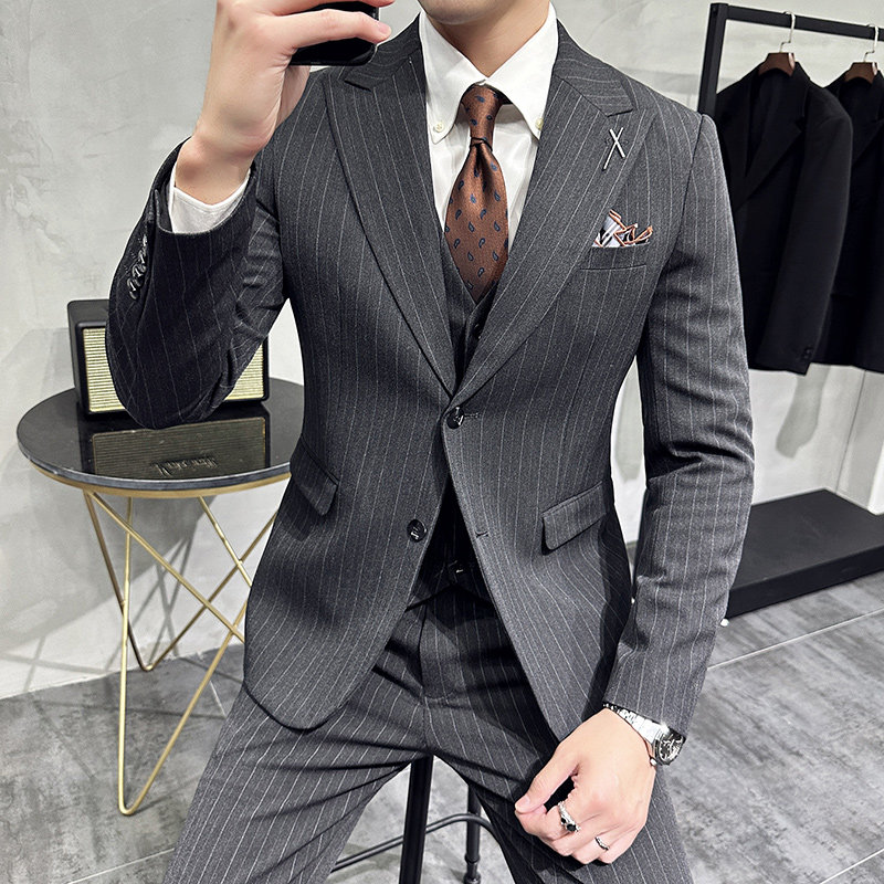 韩版修身商务西服条纹两粒扣戗驳领西装套装1816-P280，男装西服套装，星座1606-1