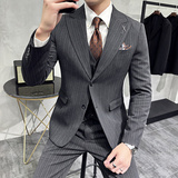 韩版修身商务西服条纹两粒扣戗驳领西装套装1816-P280，男装西服套装，星座1606-1