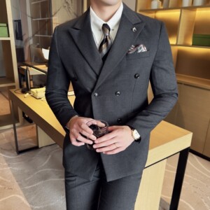 男士商务休闲西装华夫格韩版修身双排扣西服三件套2522-P285图片