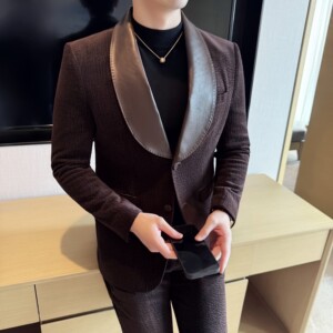 男士青果领拼皮西装时尚休闲西服套装2516-P220