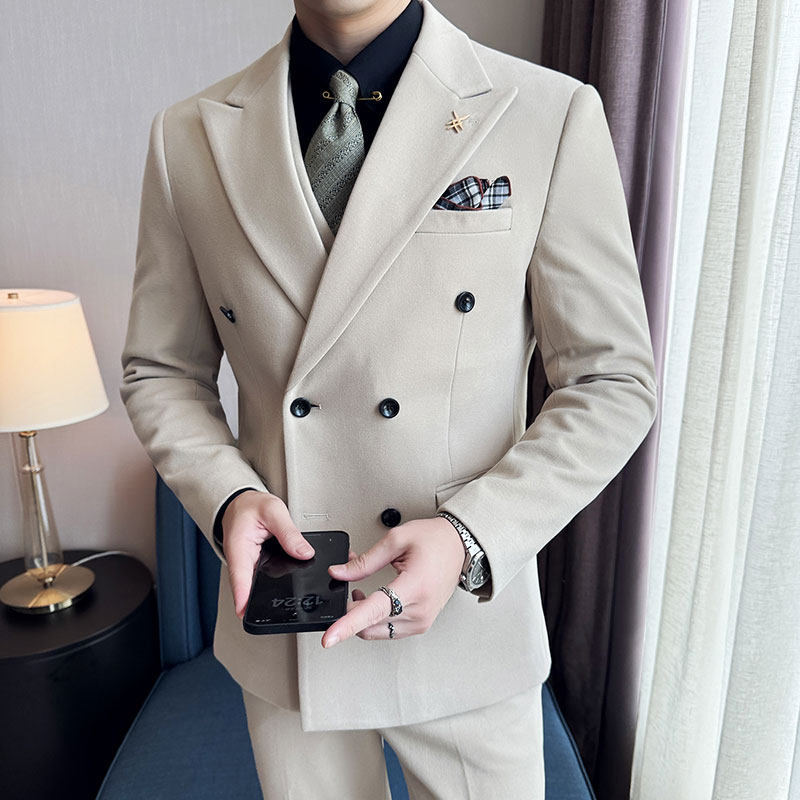 双排扣韩版修身商务西服毛呢西装三件套2414-P265，男装西服套装，星座1606-1