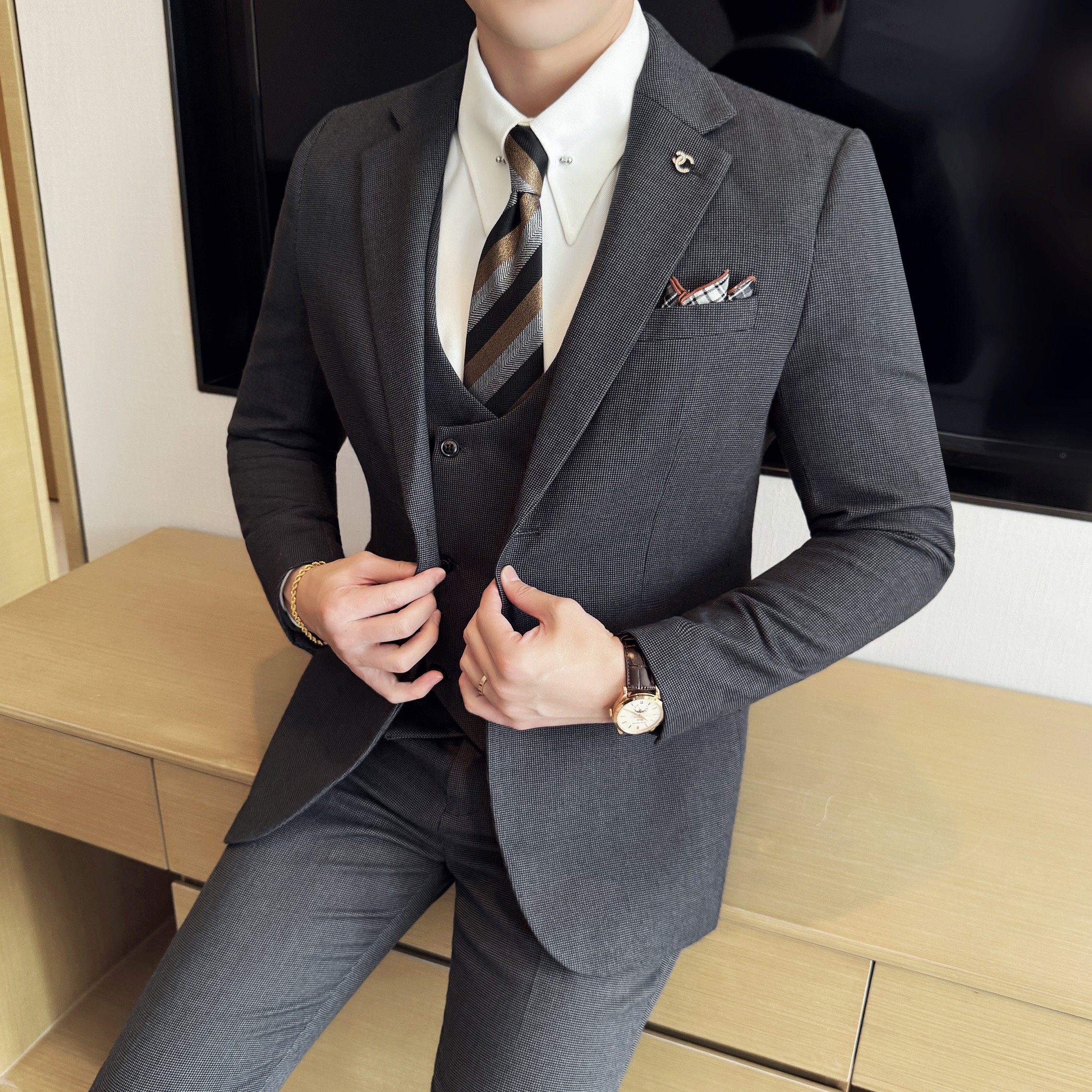 男士商务休闲西装华夫格韩版修身西服三件套2521-P280，男装西服套装，星座1606-1