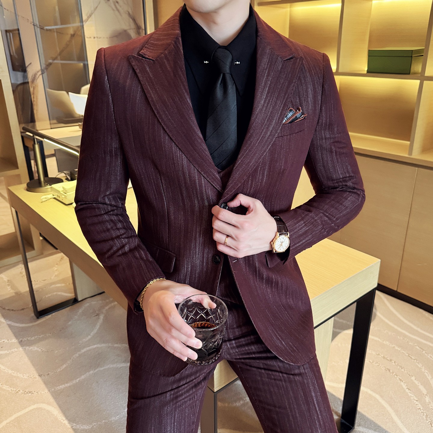 莱赛尔醋酸男士商务休闲西服韩版修身条纹西装套装2530-P285,男装西服套装,星座1606-1