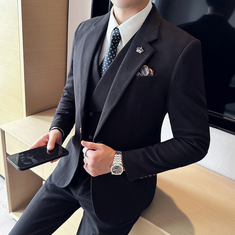 宽条纹毛呢西服韩版修身商务西装三件套1853-P280,男装西服套装,星座1606-1