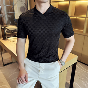 DS015-P39男士V领短袖T恤春夏新款时尚百搭修身立体打底衫图片