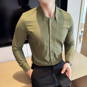 男士立领格纹长袖衬衫商务休闲时尚免熨衬衣男CS047-P63图片
