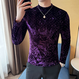 DS047-P48金丝绒满天星半高领T恤时尚修身立体男士长袖打底衫，男装T恤，星座1606-1