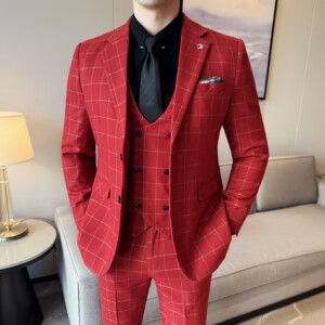 男士商务婚礼西装韩版修身格子西服三件套2520-P280图片