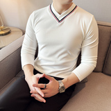DS052-P48男士V领条纹长袖T恤时尚修身立体打底衫，男装T恤，星座1606-1