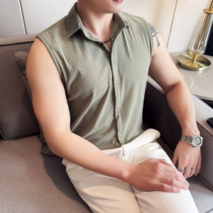 夏季冰丝华夫格背心衬衫时尚休闲免熨无袖衬衣男CS033-P48,男装背心/马甲,星座1606-1