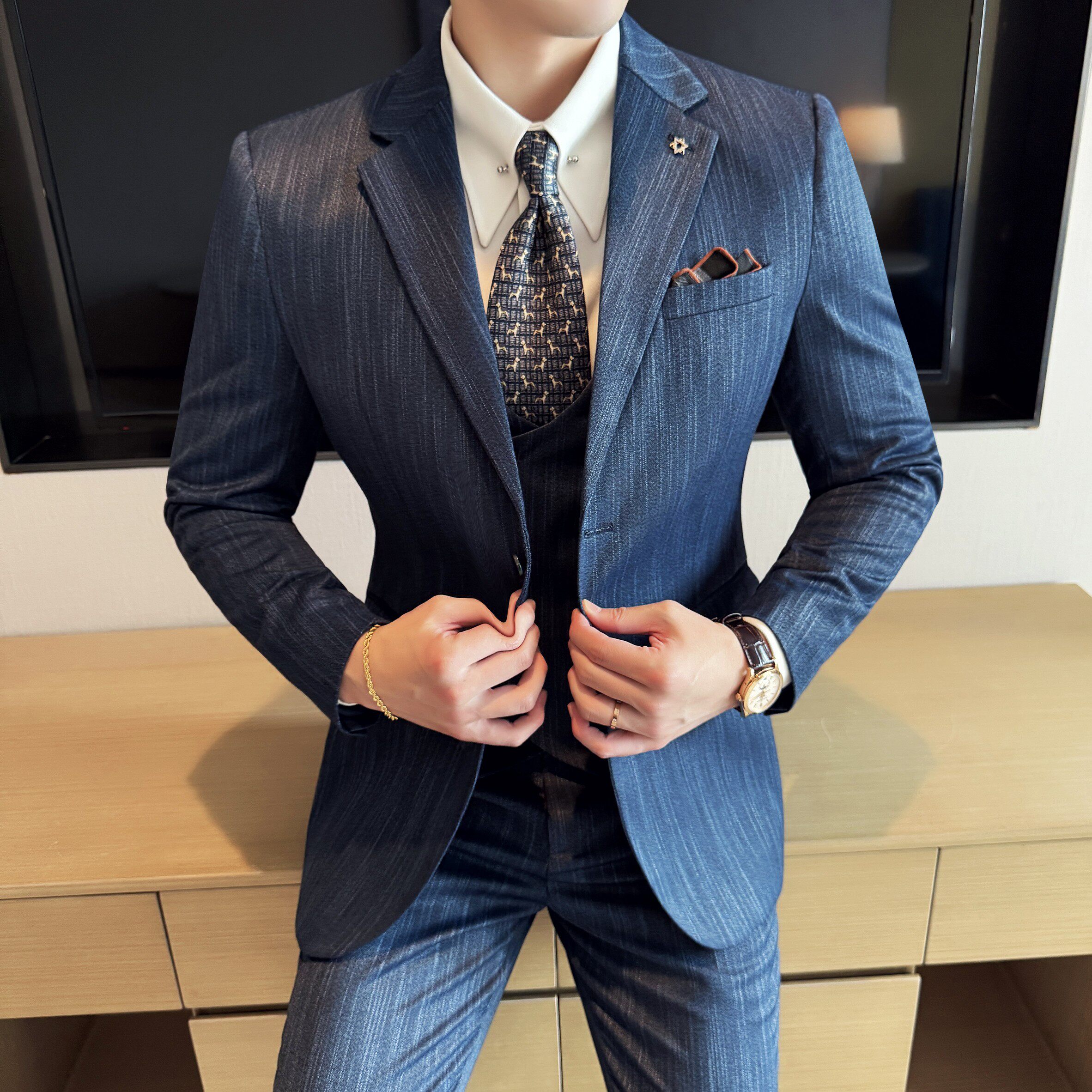 男士商务休闲西服流星雨条纹时尚潮流西装三件套2524-P280,男装西服套装,星座1606-1