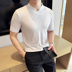 DS015-P39男士V领短袖T恤春夏新款时尚百搭修身立体打底衫图片
